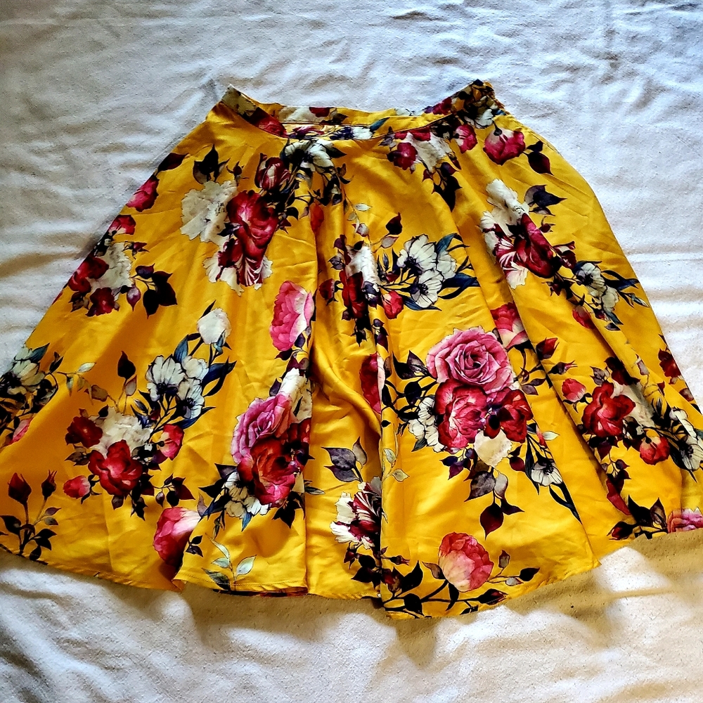 Golden Floral Midi Length Circle Skirt